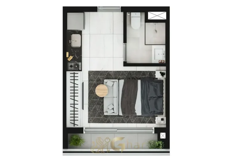 Planta de studio de 24 m² em condomínio residencial no bairro do Brooklin, na Zona Sul de São Paulo