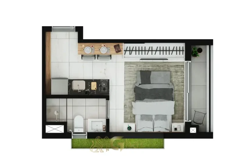Planta de studio de 25 m² do condomínio Essential Brooklin no bairro do Brooklin, em São Paulo