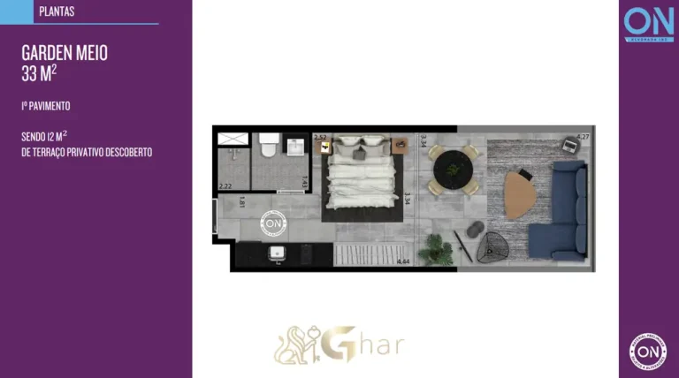 Planta de studio garden de 33 m² do condomínio ON Alvorada 183 no bairro Vila Olímpia em São Paulo