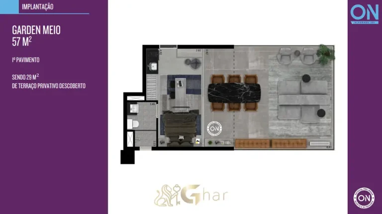 Planta de studio garden de 57 m² em apartamentos na Vila Olímpia São Paulo