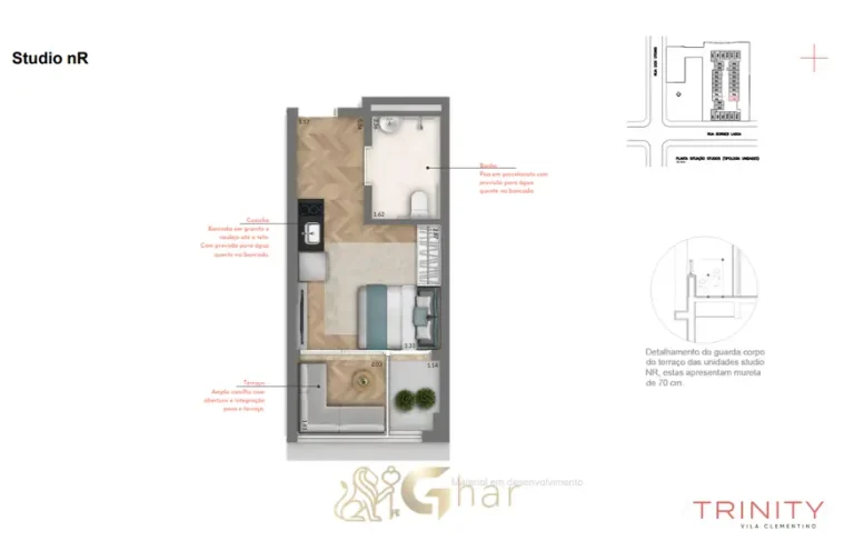 Planta do studio NR de 28 m² do condomínio Trinity Vila Clementino Smart no bairro da Vila Clementino, em São Paulo