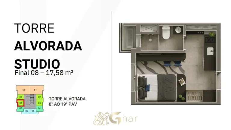 Planta de studio de aproximadamente 17,58 m² em condomínio residencial no bairro da Vila Olímpia, na Zona Sul de São Paulo