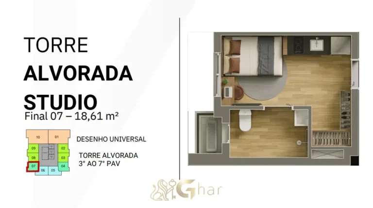 Planta de studio de aproximadamente 18,61 m² em apartamentos no bairro da Vila Olímpia, São Paulo