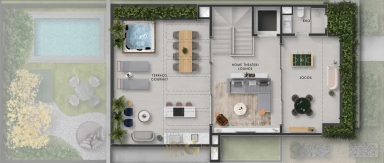 Planta do rooftop com home theater do condomínio Tibiriçá no bairro do Brooklin em São Paulo