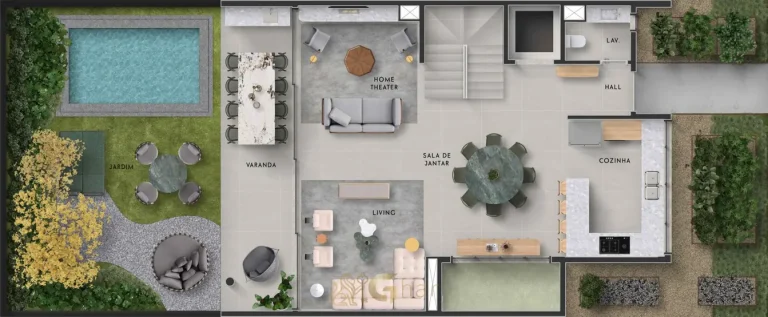 Planta do térreo com cozinha fechada em apartamentos no Brooklin São Paulo
