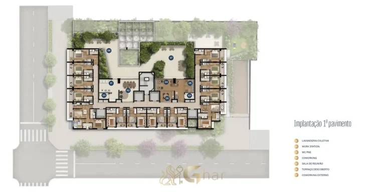 Planta de implantação do 1º pavimento com coworking e lavanderia em condomínio residencial no bairro do Brooklin, na Zona Sul de São Paulo
