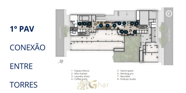 Planta de implantação do 1º pavimento em apartamentos no bairro da Vila Olímpia, São Paulo