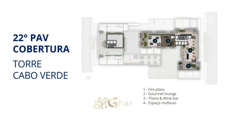 Planta de implantação do 22º pavimento e cobertura em apartamentos no bairro da Vila Olímpia, São Paulo