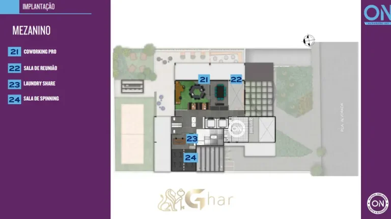 Planta do mezanino com coworking e spinning em apartamentos na Vila Olímpia São Paulo
