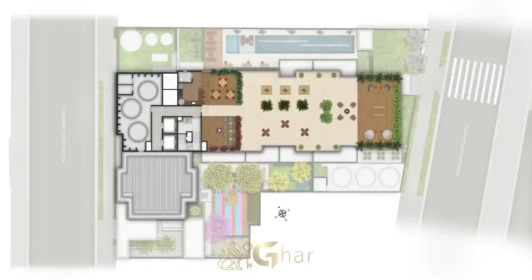 Planta de implantação do rooftop com áreas de convivência do condomínio Mundo Apto Estação Borba Gato no bairro do Brooklin, São Paulo