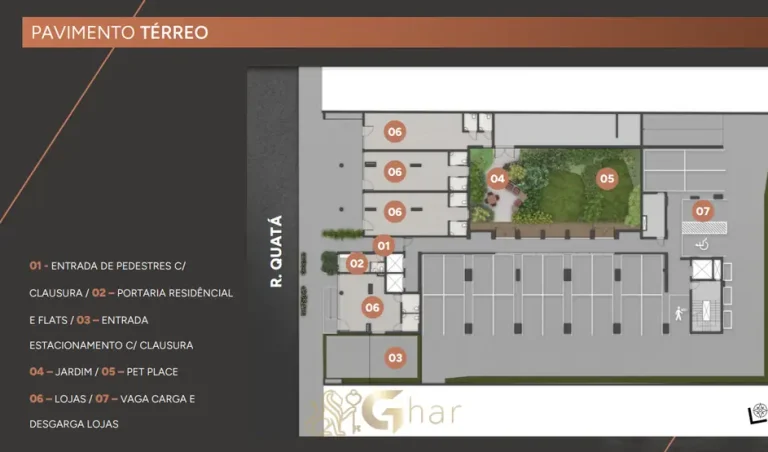 Planta de implantação do térreo com áreas de acesso em apartamentos na Vila Olímpia, São Paulo