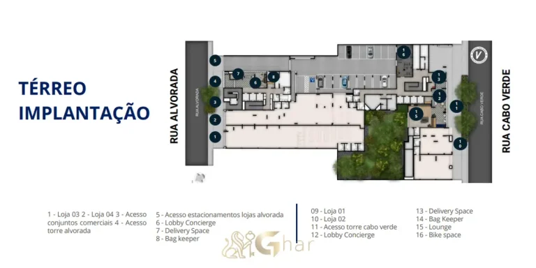 Planta de implantação do térreo com acessos e áreas comuns do condomínio Vitacon Vila Olímpia no bairro da Vila Olímpia, São Paulo