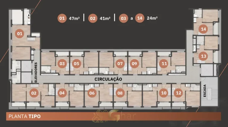 Planta tipológica da torre residencial em condomínio residencial na Vila Olímpia, Zona Sul de São Paulo