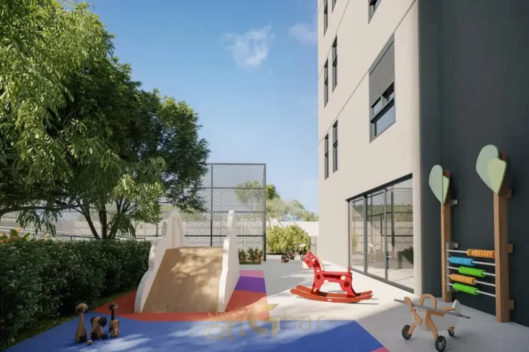 Playground externo integrado à brinquedoteca do condomínio Lux House Brooklin no bairro do Brooklin, São Paulo