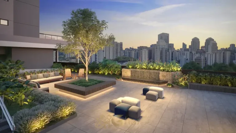 Praça central com lounge externo em apartamentos no Brooklin São Paulo
