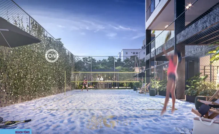 Quadra de beach tennis com lounge do condomínio ON Alvorada 183 no bairro Vila Olímpia em São Paulo