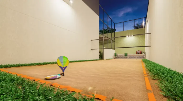 Quadra de beach tennis para lazer em condomínio residencial no bairro do Brooklin, na Zona Sul de São Paulo