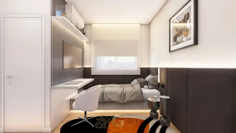 Quarto do apartamento decorado do condomínio Skyline Brooklin no bairro do Brooklin, em São Paulo