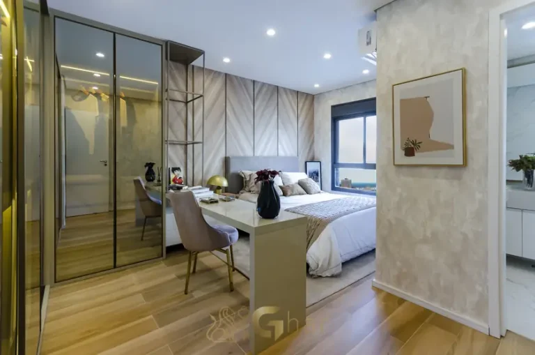 Quarto de casal da suíte master do apartamento decorado em apartamentos no bairro do Brooklin, São Paulo