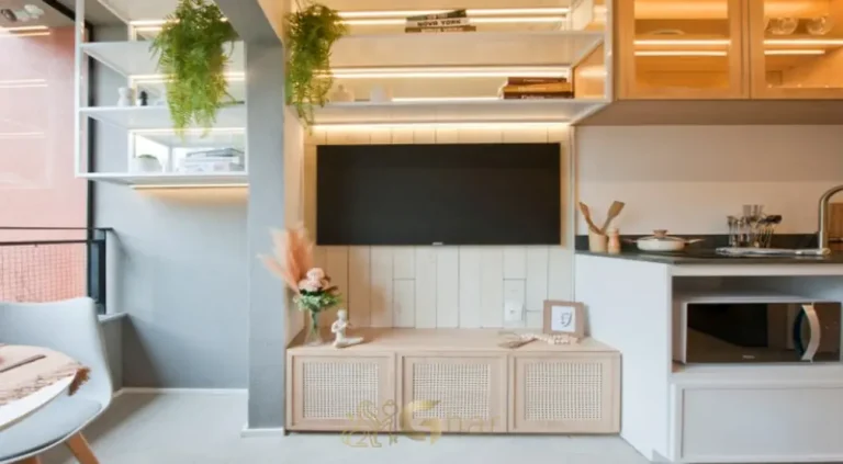 Sala integrada do apartamento decorado em condomínio residencial na Vila Olímpia, Zona Sul de São Paulo