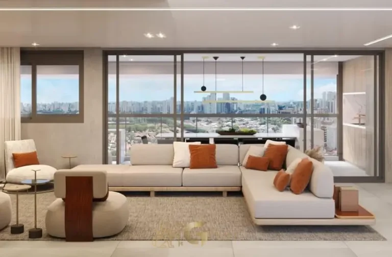 Sala integrada do apartamento decorado do condomínio Infinity Brooklin no bairro do Brooklin em São Paulo