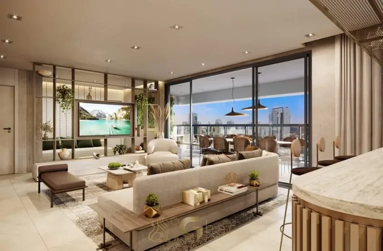 Sala do apartamento decorado com living ampliado em condomínio residencial no Brooklin Zona Sul de São Paulo