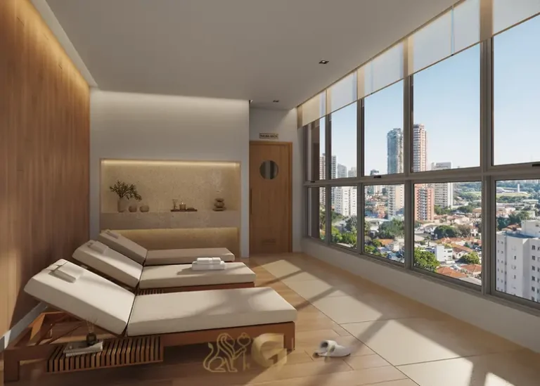 Sala de descanso da sauna do condomínio Boulevard Brooklin no bairro do Brooklin, São Paulo