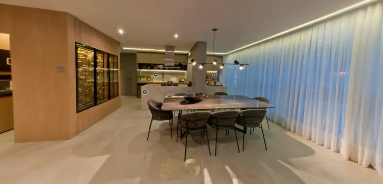 Sala de jantar do apartamento decorado em condomínio residencial no bairro do Brooklin, na Zona Sul de São Paulo