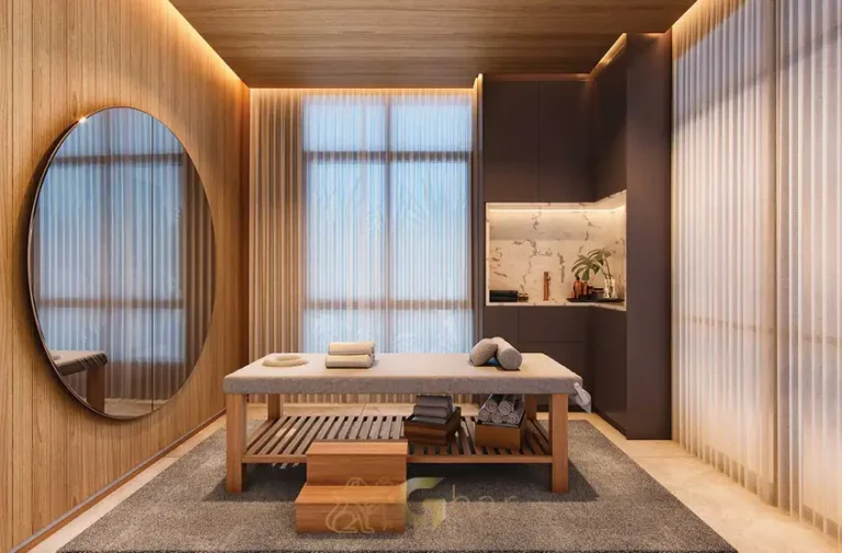 Sala de massagem da área de bem-estar do condomínio Expression Ibirapuera by EZ no bairro Ibirapuera em São Paulo