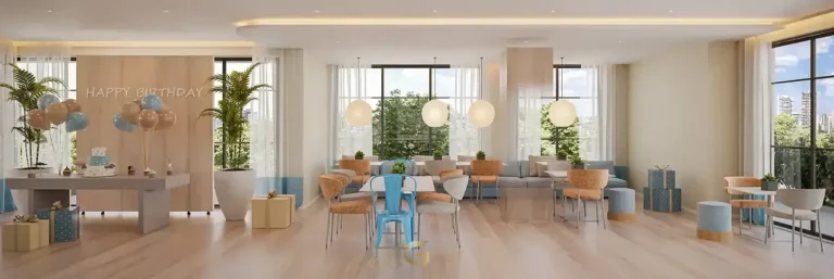 Salão de festas para eventos e convivência do condomínio Haus Mitre Edition NY no bairro do Brooklin em São Paulo