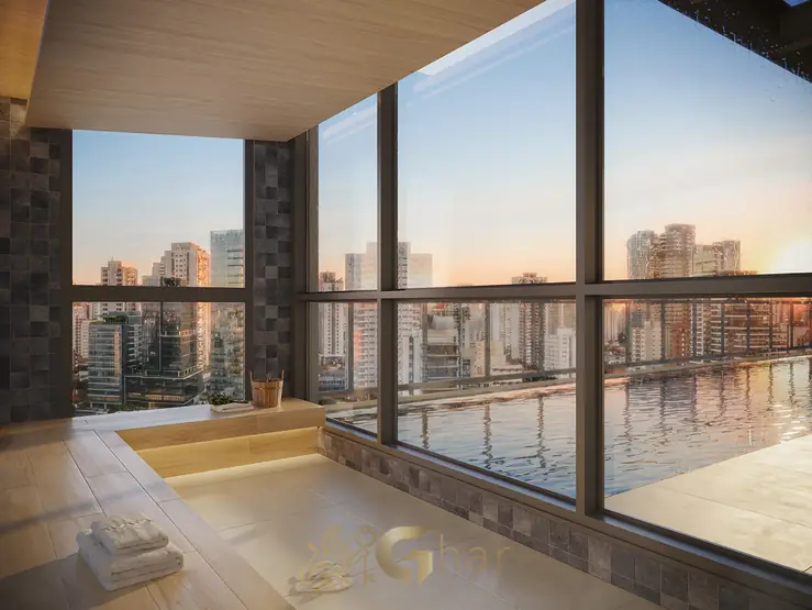 Sauna do espaço de bem-estar em condomínio residencial no bairro do Brooklin, na Zona Sul de São Paulo