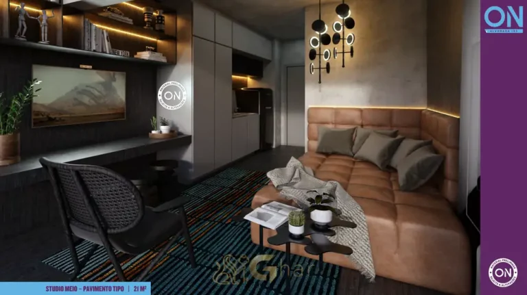 Studio decorado com marcenaria planejada em condomínio residencial na Vila Olímpia na Zona Sul de São Paulo