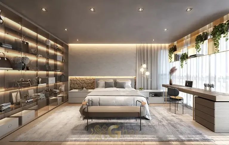 Suíte master do apartamento decorado do condomínio Latitude Campo Belo Residencial no bairro de Campo Belo, São Paulo