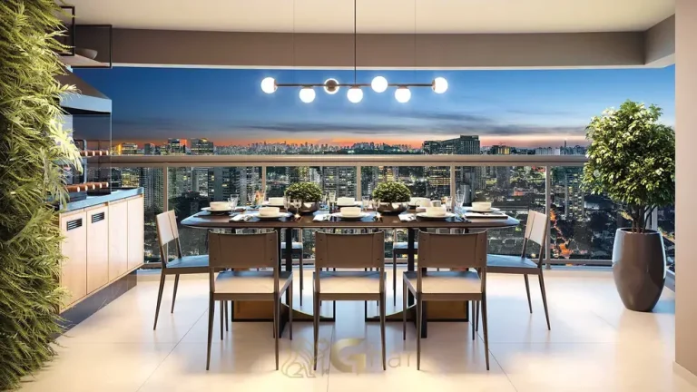 Terraço social do apartamento decorado do condomínio Arkadio EZ by Ott Brooklin no bairro do Brooklin, em São Paulo