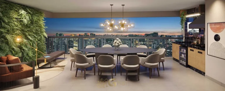 Terraço gourmet do apartamento decorado em condomínio residencial no bairro do Brooklin, na Zona Sul de São Paulo
