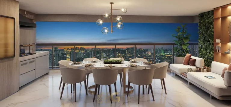 Terraço gourmet integrado ao living em apartamentos no bairro do Brooklin, São Paulo