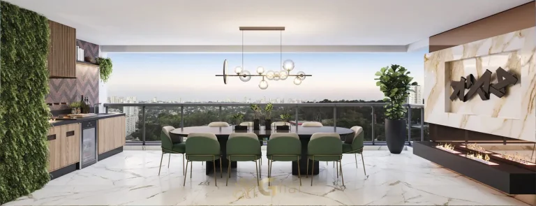 Terraço gourmet do apartamento decorado em condomínio residencial no Brooklin Zona Sul de São Paulo