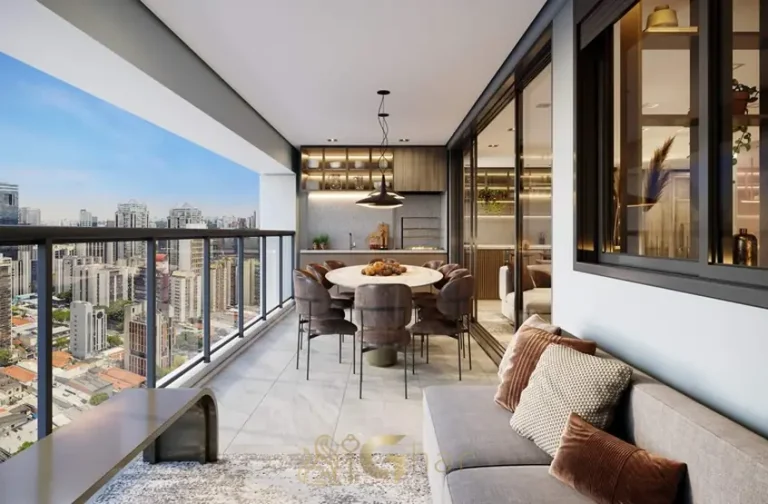 Terraço gourmet do apartamento decorado do condomínio Infinity Brooklin no bairro do Brooklin em São Paulo