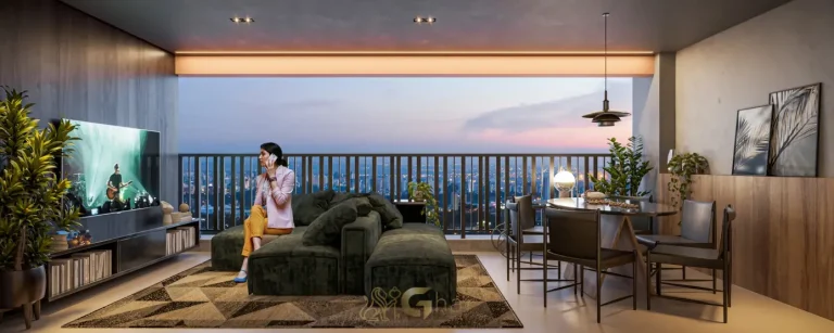 Varanda do apartamento decorado integrada ao living do condomínio Vitacon Vila Olímpia no bairro da Vila Olímpia, São Paulo
