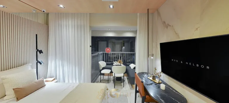 Varanda do studio decorado em condomínio residencial na Vila Clementino, Zona Sul de São Paulo