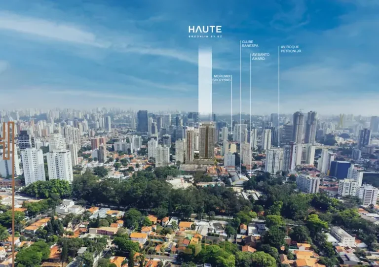 Vista aérea do bairro e do empreendimento em condomínio residencial no Brooklin Zona Sul de São Paulo