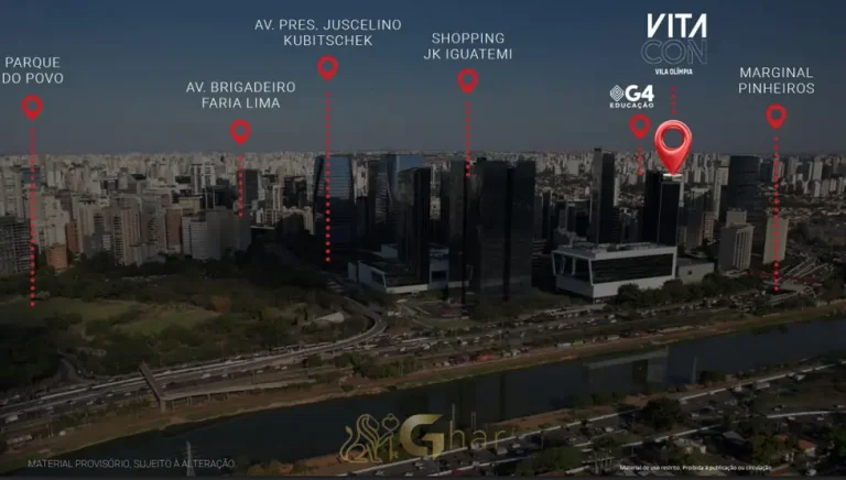Vista aérea da Vila Olímpia e do entorno urbano em apartamentos no bairro da Vila Olímpia, São Paulo