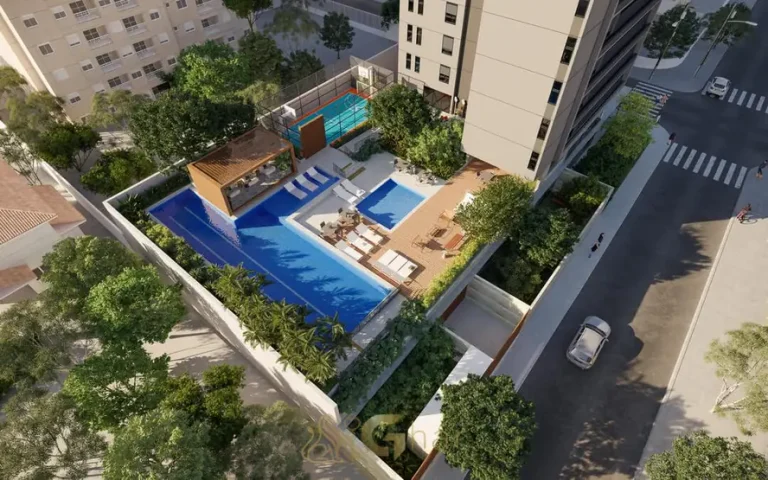Vista aérea das piscinas e do lazer externo em apartamentos no bairro do Brooklin, São Paulo