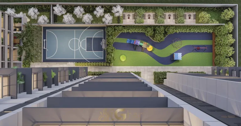 Vista aérea da quadra recreativa em condomínio residencial no Brooklin Zona Sul de São Paulo