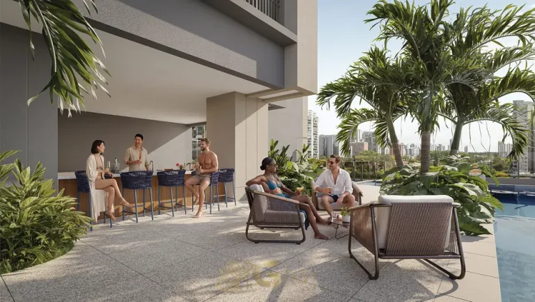 Bar integrado à área da piscina do condomínio Town Residences by Lindenberg no bairro do Brooklin em São Paulo