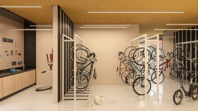 Bicicletário com oficina de manutenção em apartamentos no bairro do Campo Belo, São Paulo