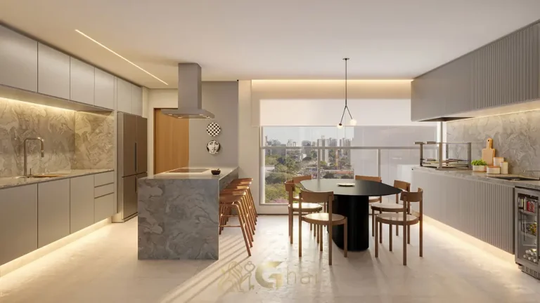 Cozinha integrada do apartamento decorado do condomínio Edson 1400 no bairro do Campo Belo, em São Paulo