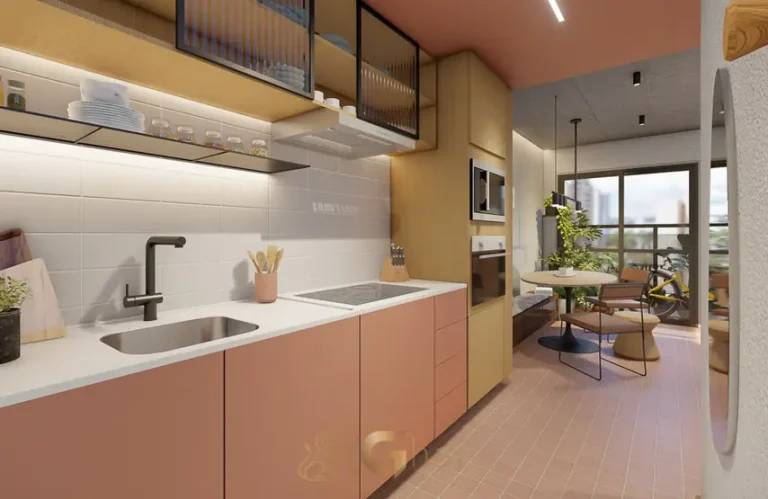 Cozinha planejada do apartamento decorado do condomínio Nurban Ibirapuera no bairro do Ibirapuera, São Paulo