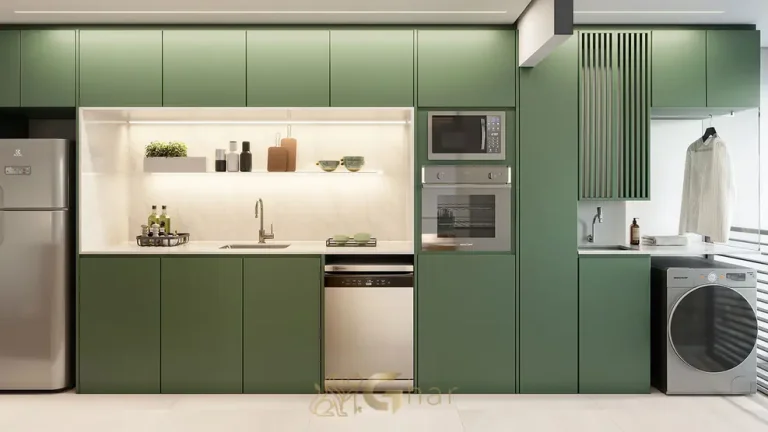 Cozinha aberta no apartamento decorado do condomínio Triu 1722 no bairro do Campo Belo, São Paulo