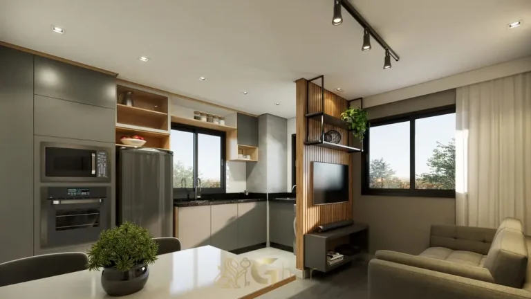 Cozinha com sala no apartamento decorado em condomínio residencial no bairro da Vila Mariana, na Zona Sul de São Paulo